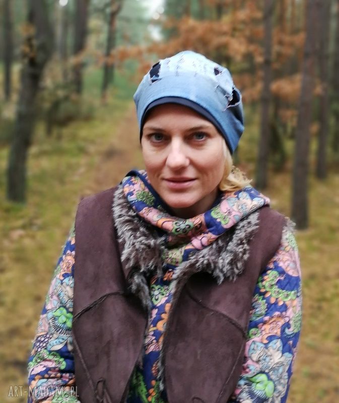 Duża czapka jeansowa boho z podszewką (62-63 cm) - rękodzieło Ruda Klara