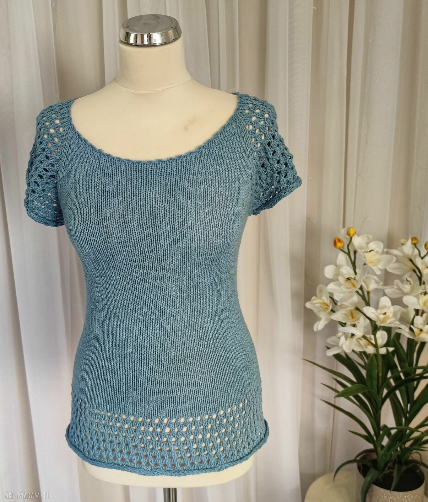Jeansowa letnia bluzeczka handmade z bawełny, lnu i wiskozy