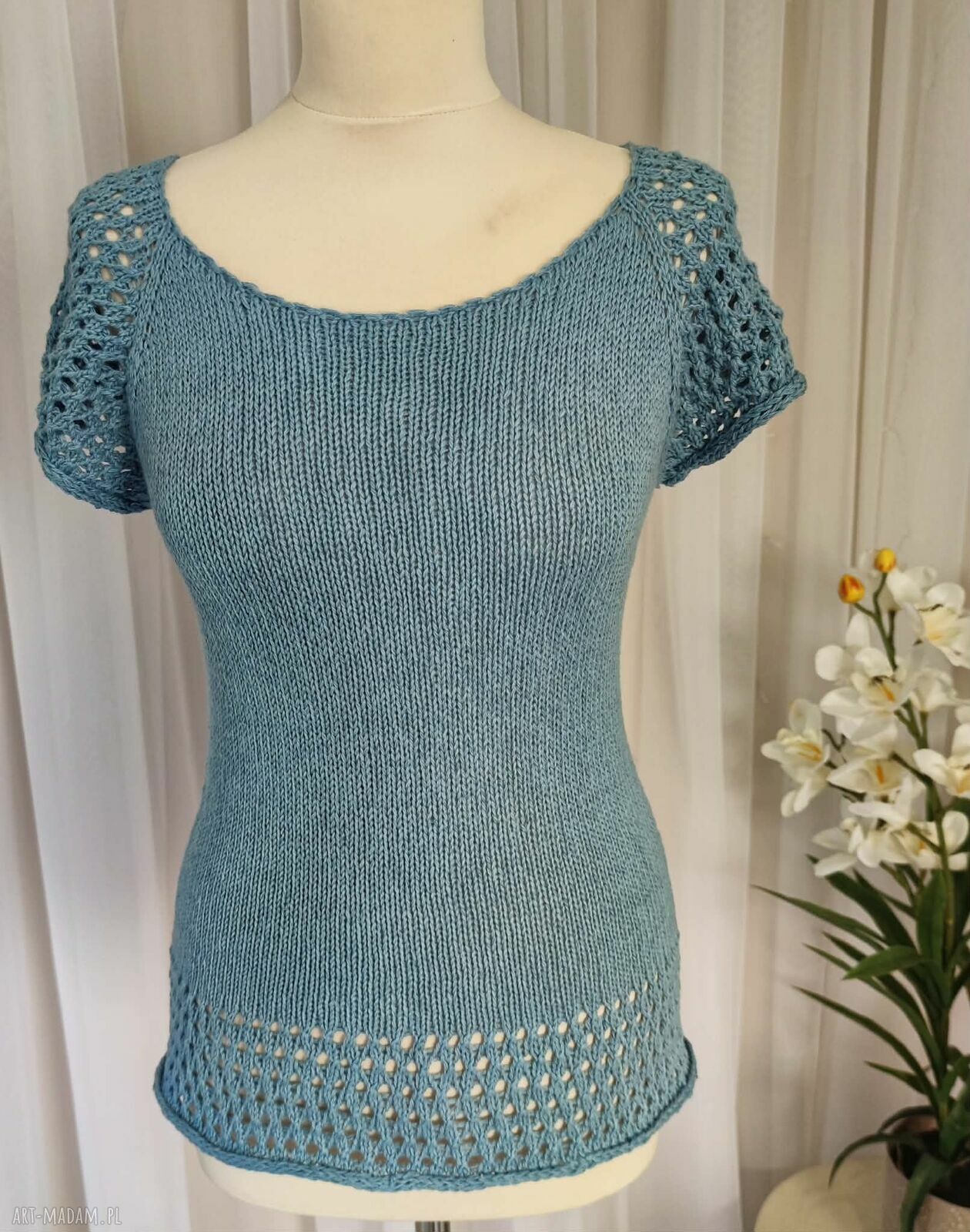 Jeansowa letnia bluzeczka handmade z bawełny, lnu i wiskozy