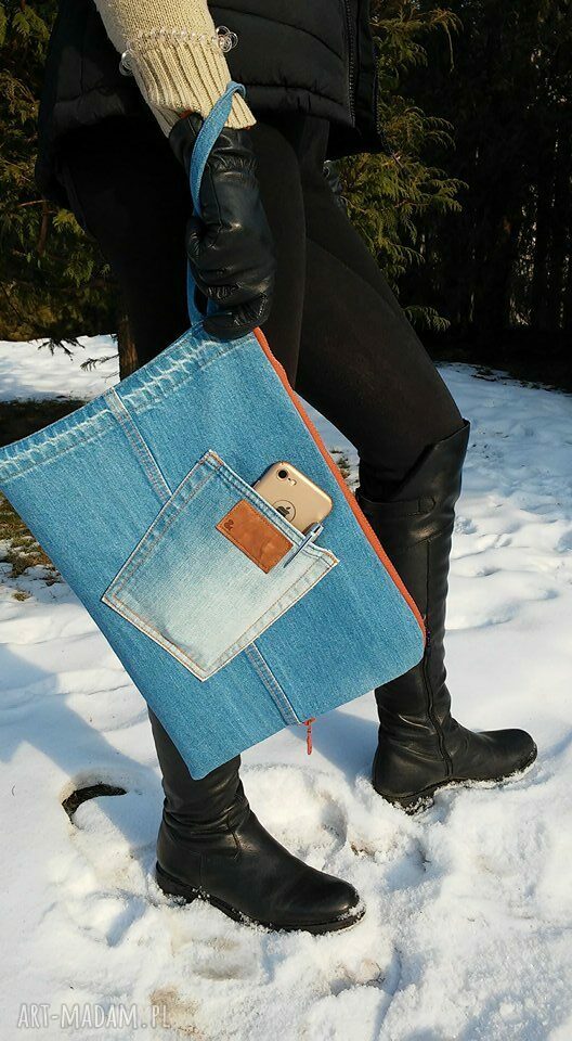 Jeansowy pokrowiec na dokumenty A4 z recyklingu - zapinany na zamek