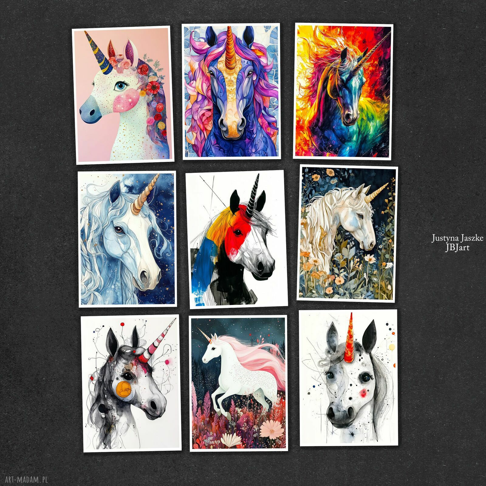 Jednorożce - zestaw 9 grafik 15x21 cm magia koni