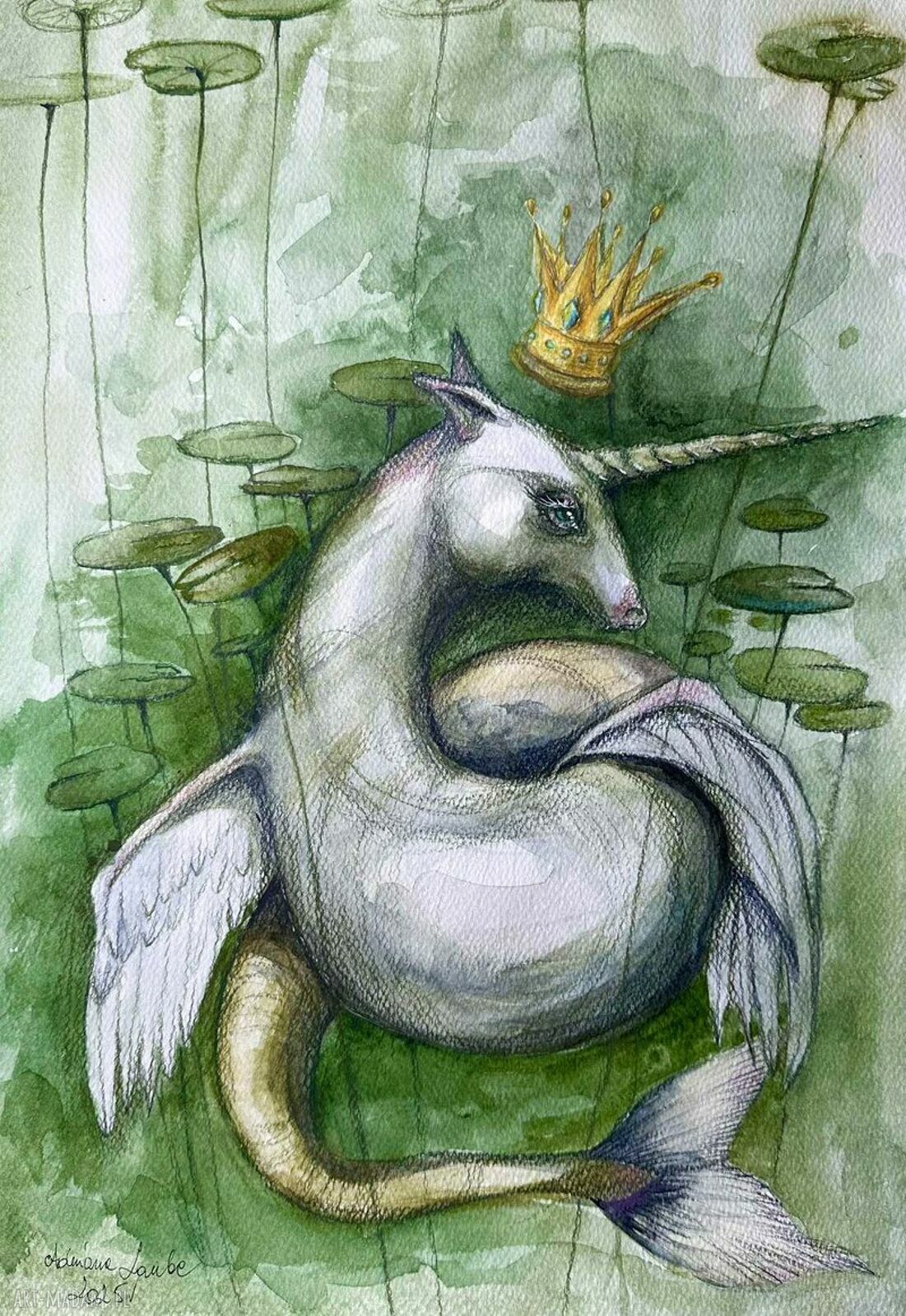Akwarela „Jednorożec jeziorny” Adriany Laube Art - obraz fantasy na A3