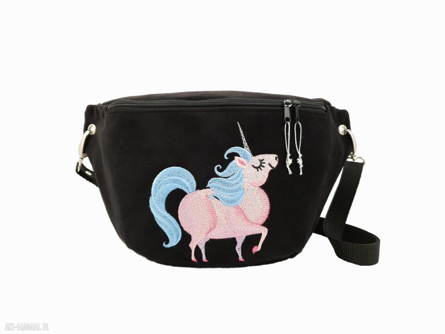 Nerka XXL chubby unicorn handmade - czarna z jednorożcem i regulowanym paskiem