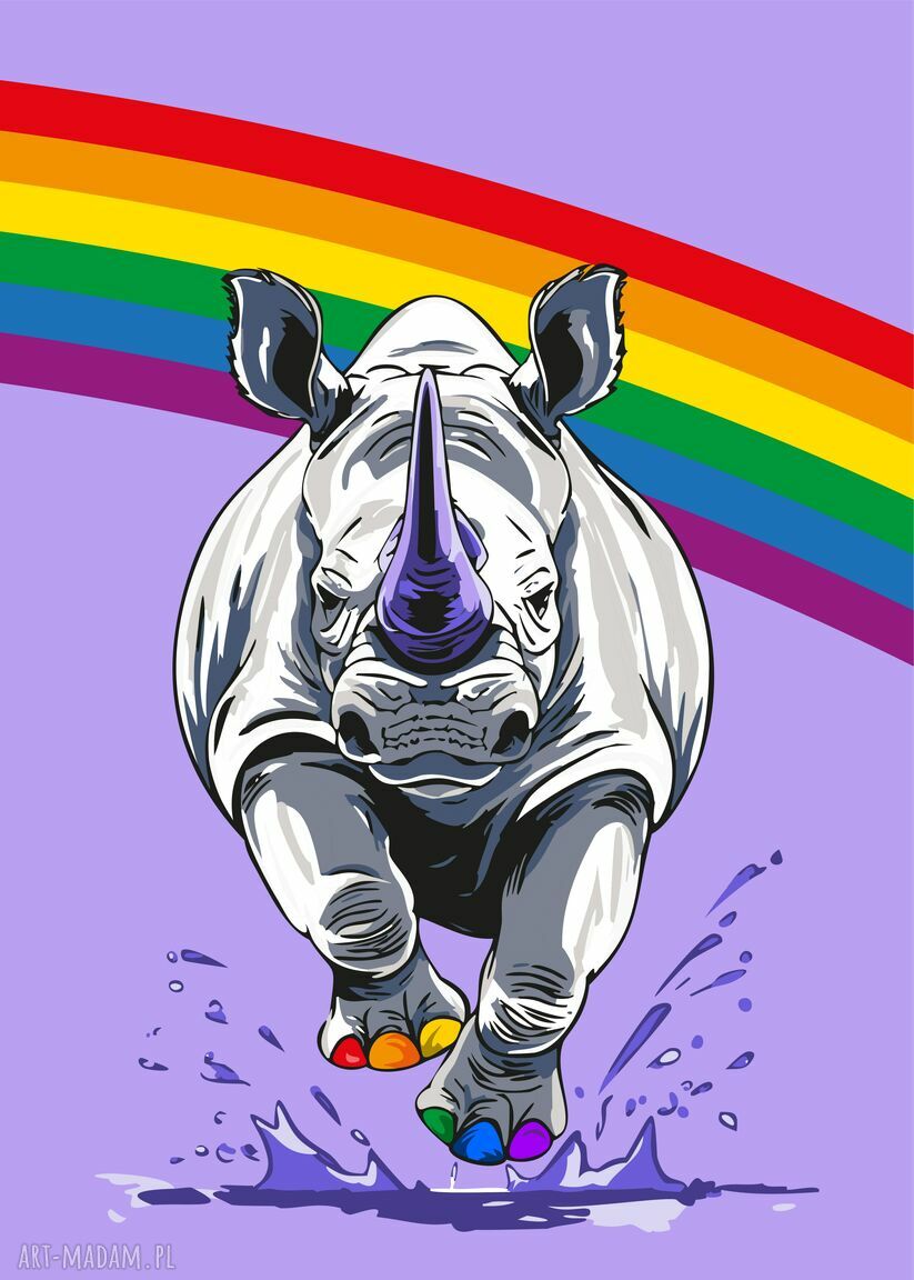 Tryptyk plakatów LGBT: jednorożec, nosorożec i niedźwiedź w tęczy