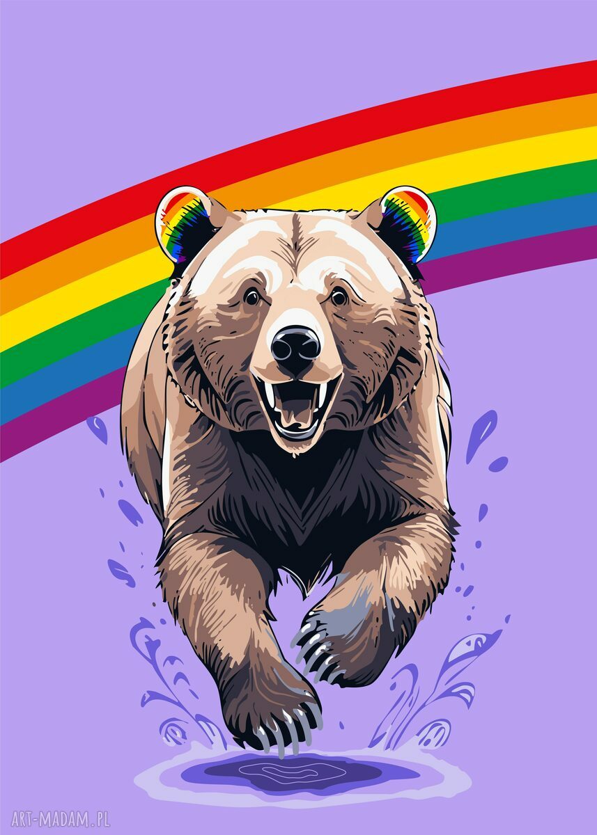 Tryptyk plakatów LGBT: jednorożec, nosorożec i niedźwiedź w tęczy