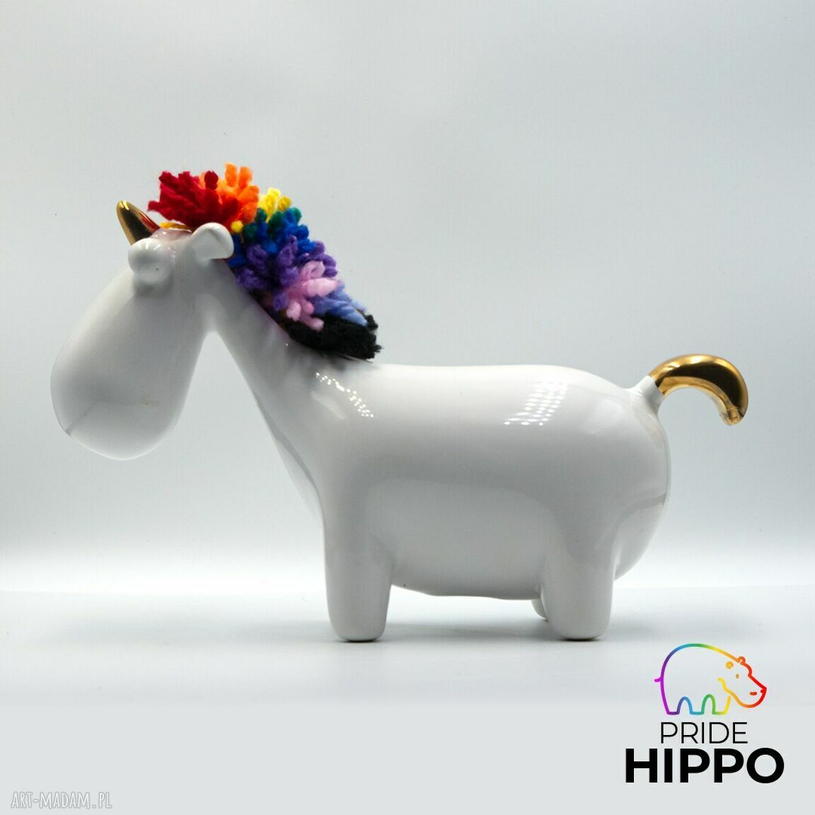 Jednorożec tęczowy ceramiczny LGBT Pride - kolorowa grzywa z włóczki