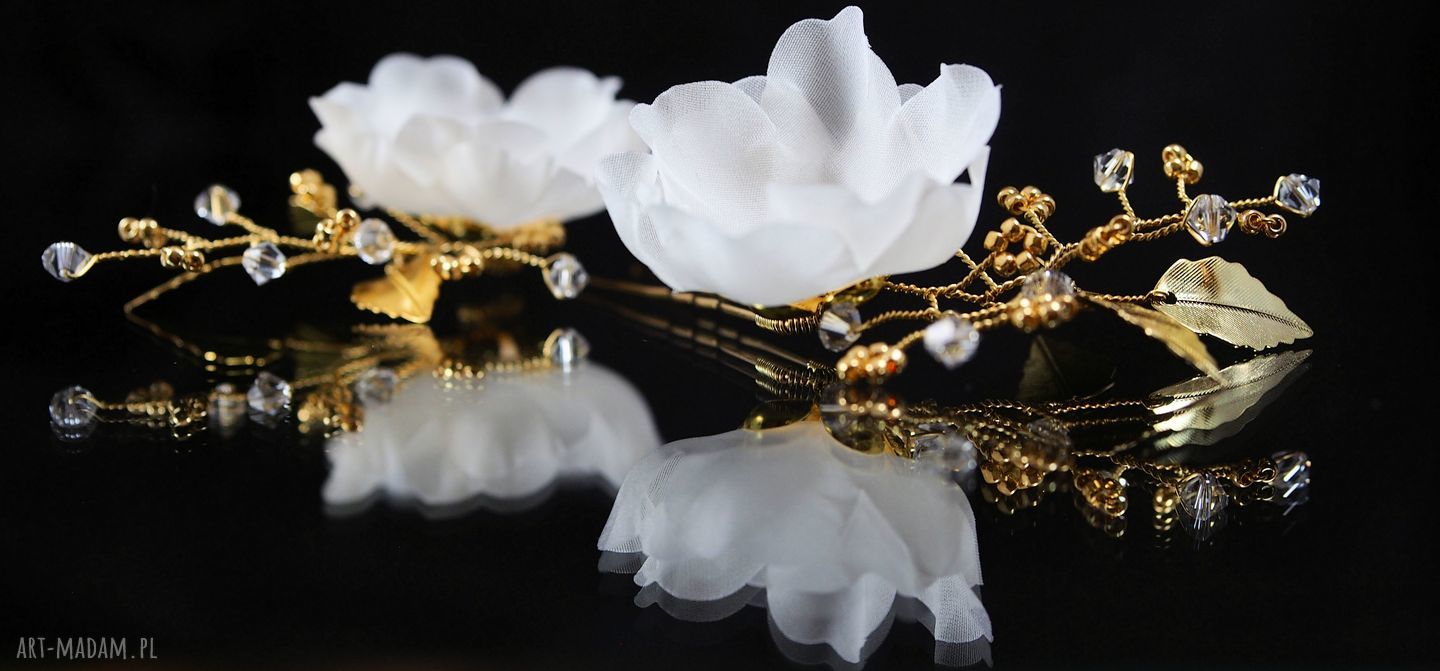 Ślubne kokówki z naturalnego jedwabiu w złotej oprawie Swarovski