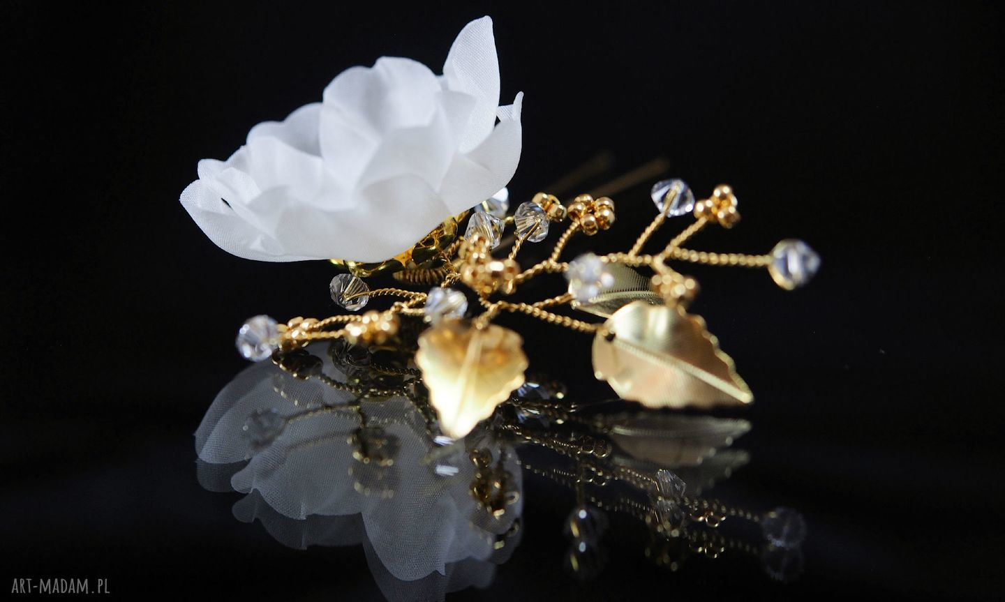 Ślubne kokówki z naturalnego jedwabiu w złotej oprawie Swarovski