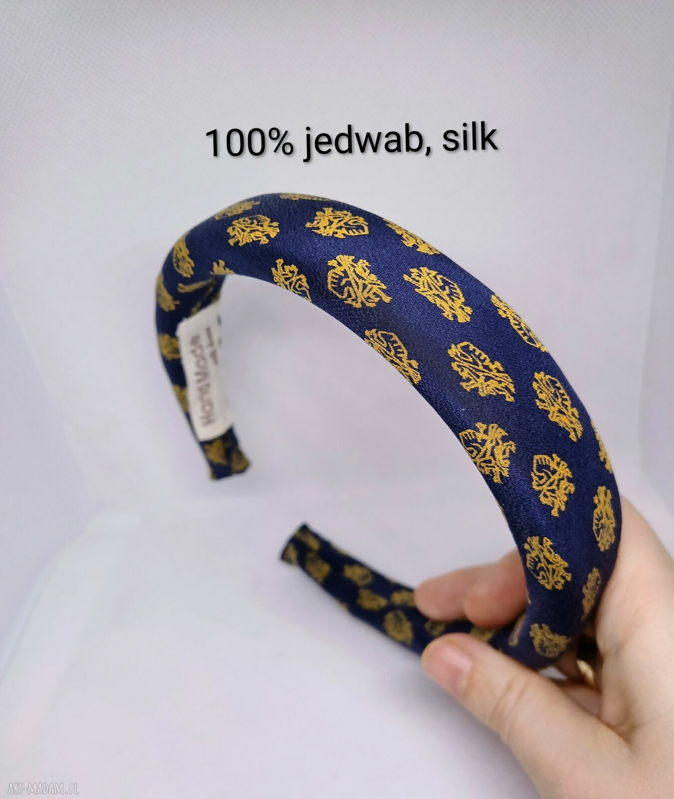 Jedwabna opaska puffy w ciemnogranatowym kolorze ze złotym wzorem