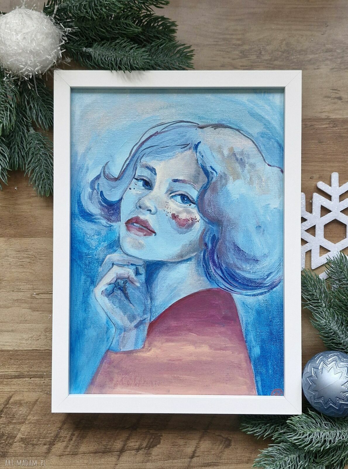 Oryginalny obraz „Jej myśli” - portret kobiety w białej ramie