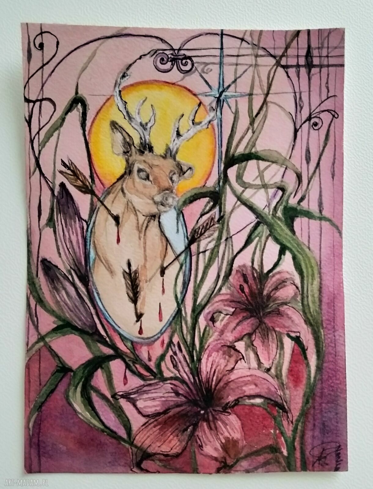 Jeleń - gotycka ilustracja akwarelowa w mrocznej baśni