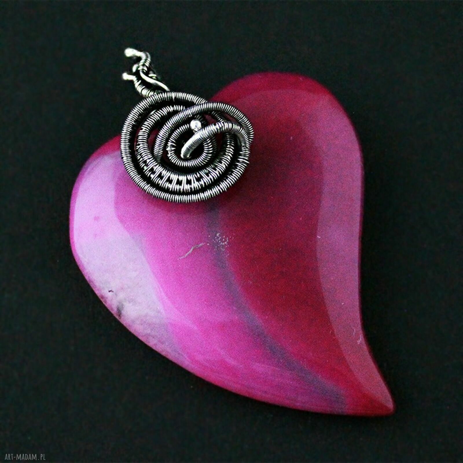 Jemena - duży wisior serce z agatu w oplocie wire-wrapping ze srebra