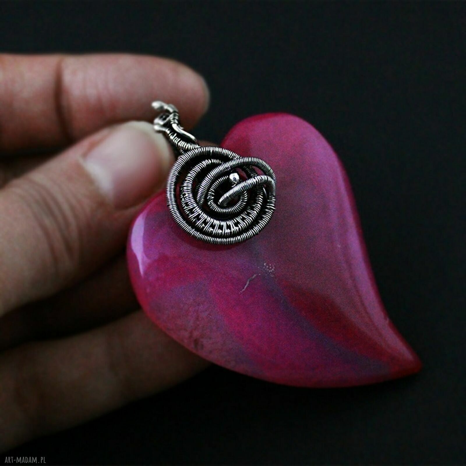 Jemena - duży wisior serce z agatu w oplocie wire-wrapping ze srebra