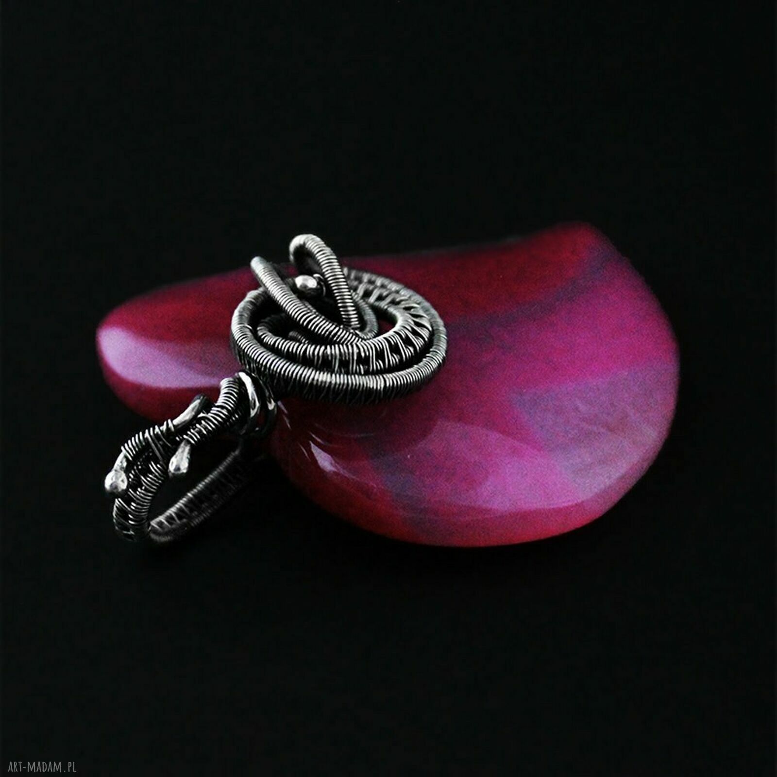 Jemena - duży wisior serce z agatu w oplocie wire-wrapping ze srebra