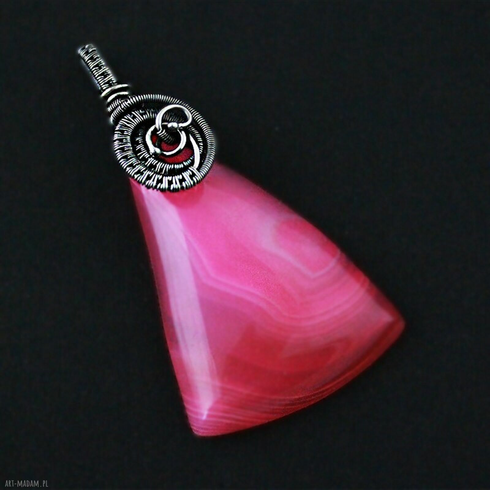 Jenna - duży różowy wisior z agatem asymetryczny wire wrapping