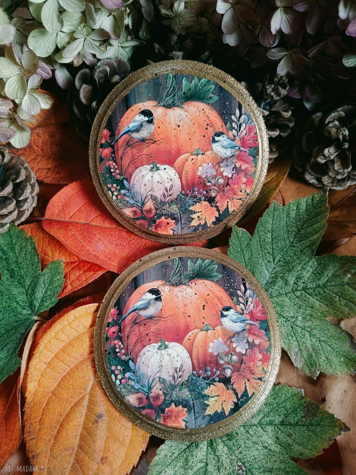Jesienne podkładki pod kubki z sikorkami w stylu vintage