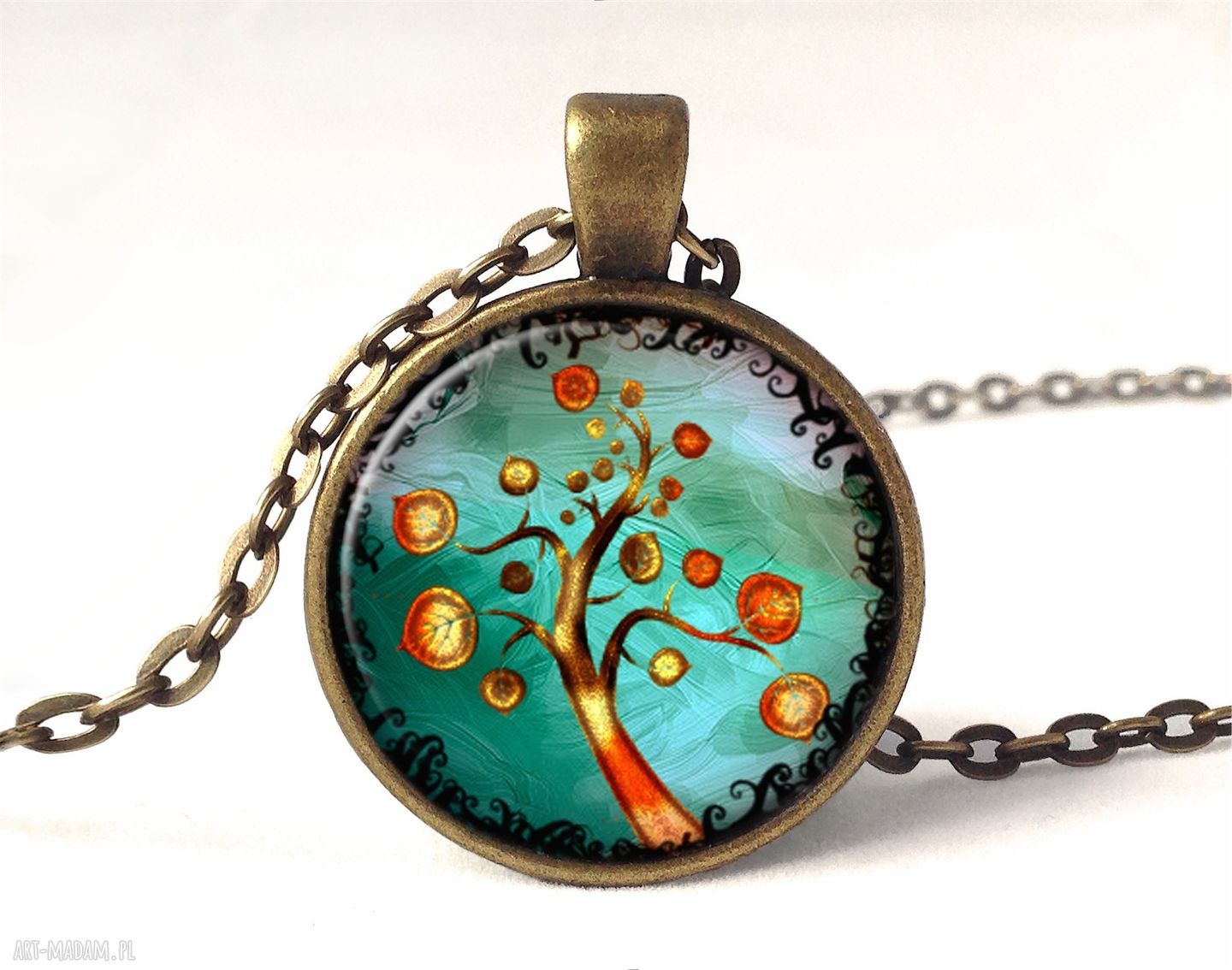 Jesienne drzewo medalion łańcuszkiem jesień prezent turkus