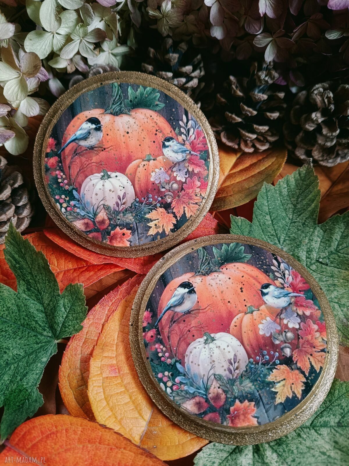 Jesienne podkładki pod kubki z sikorkami w stylu vintage