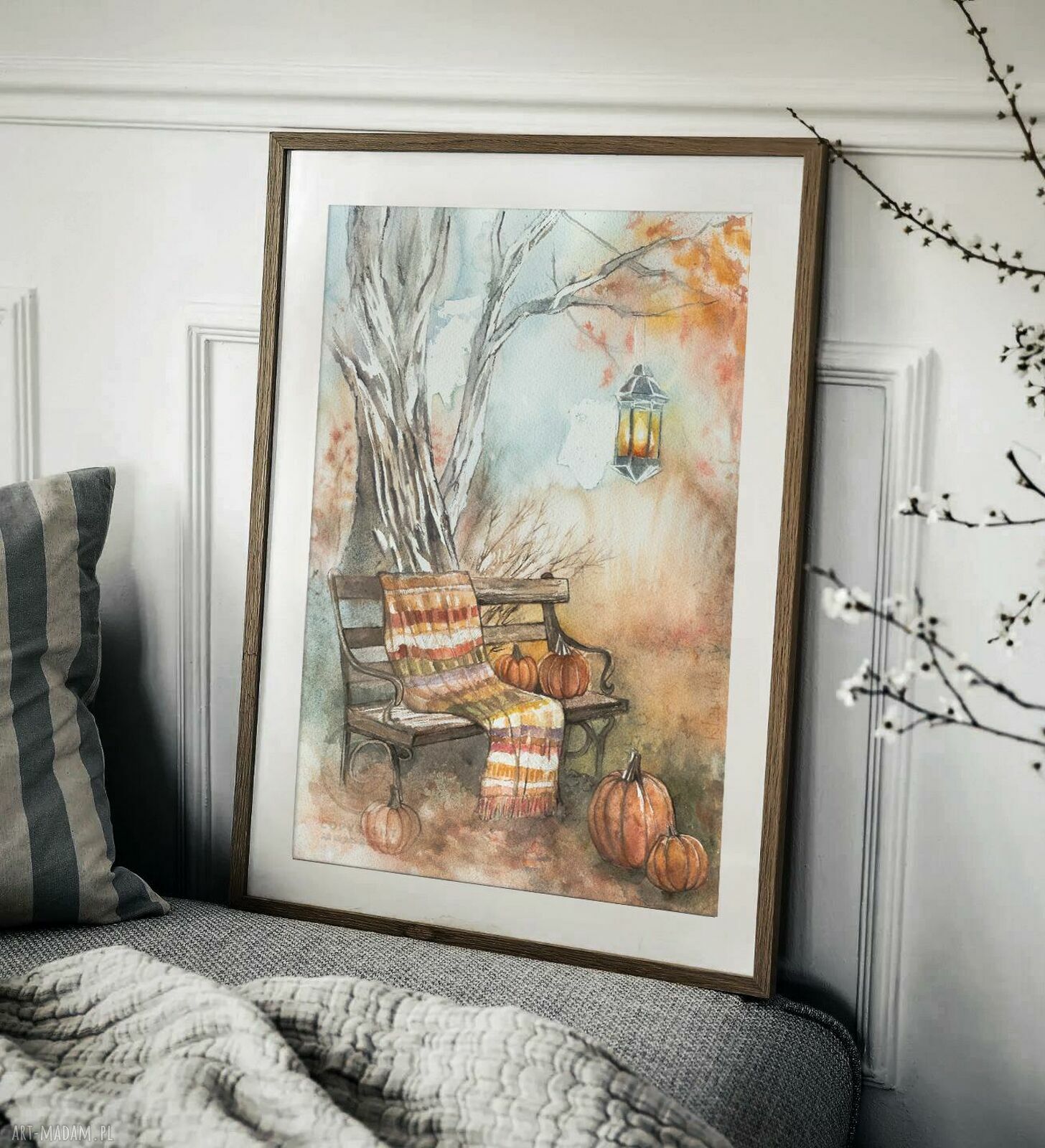 Jesienne Przebudzenie - nastrojowa akwarela z dyniami i pledem (styl rustykalny i boho)