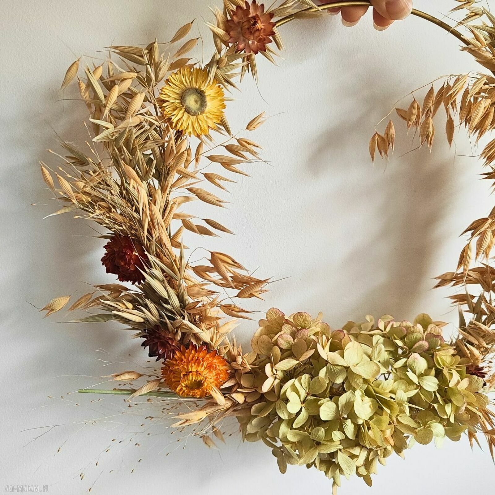 Naturalny, jesienny wianek na drzwi i ścianę z suszonego owsa