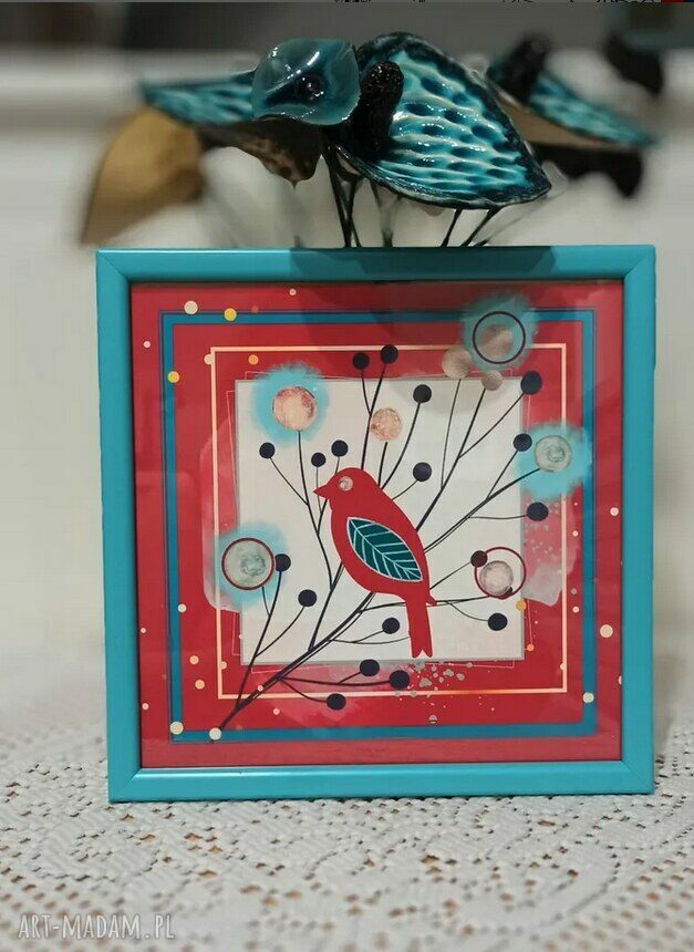 Jesienny obrazek "Ptaszek na gałęzi" III - 20x20 cm z turkusową ramką
