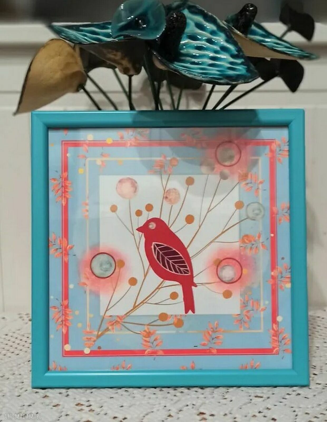 Jesienny obrazek "Ptaszek na gałęzi" VI - grafika 20x20 cm w turkusowej ramce