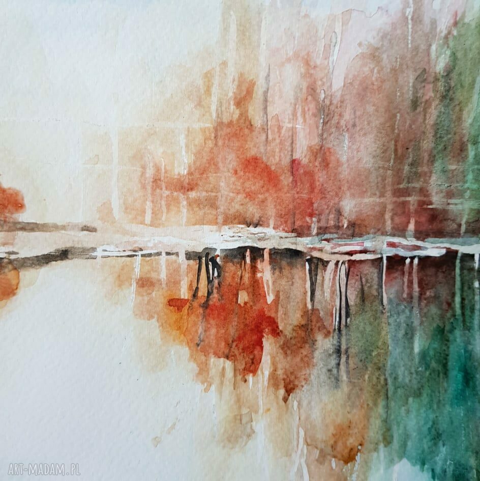 Pejzaż Jesienny II - akwarela 40x30 cm: drzewa w jesiennych barwach