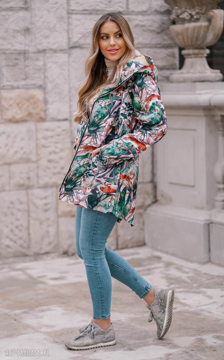 kurtki: jesienny płaszcz przeciwdeszczowy, ocieplony w gepardy, parka damska, kurtka