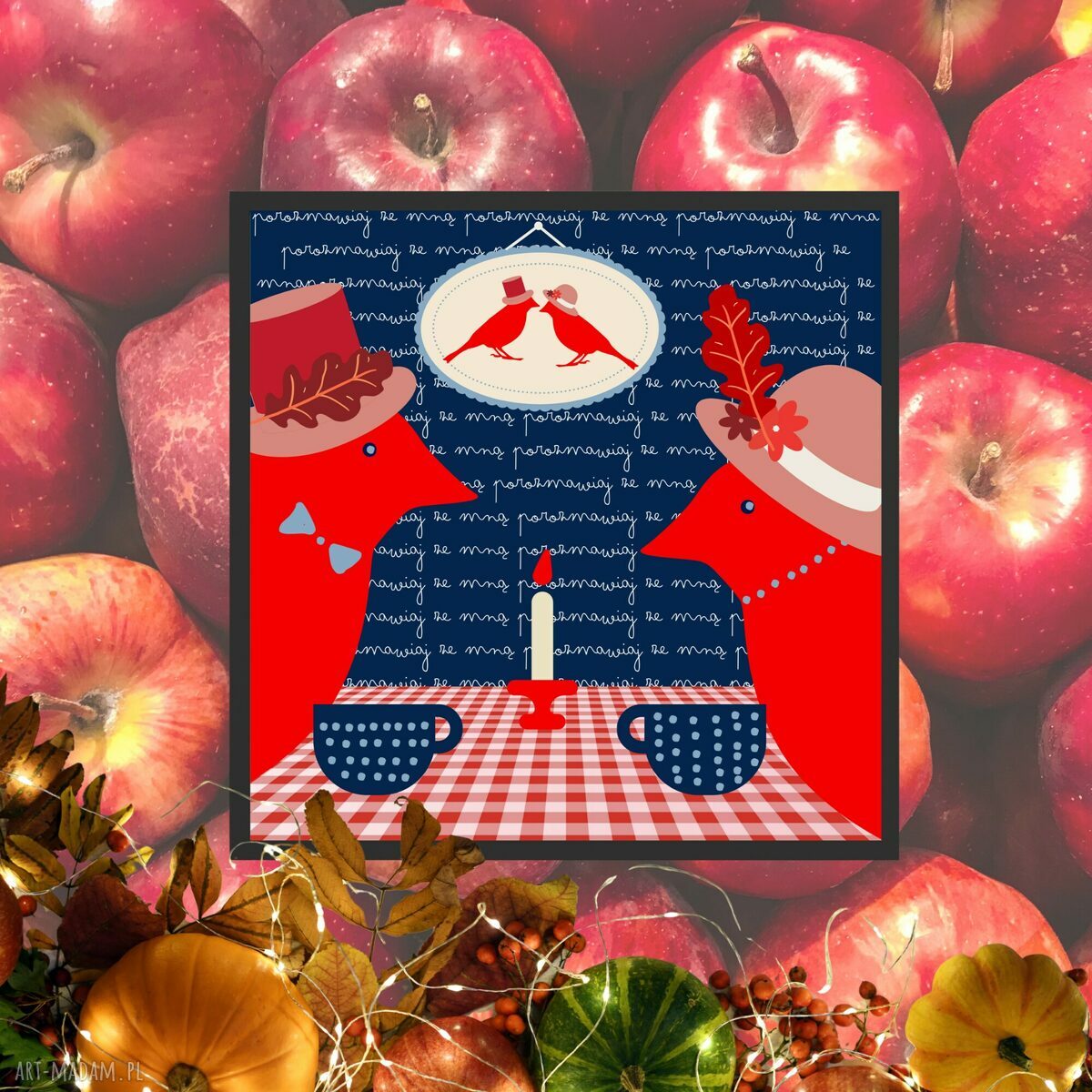 Jesienny przytulny obrazek "Porozmawiaj ze mną" 20x20 w czarnej ramce