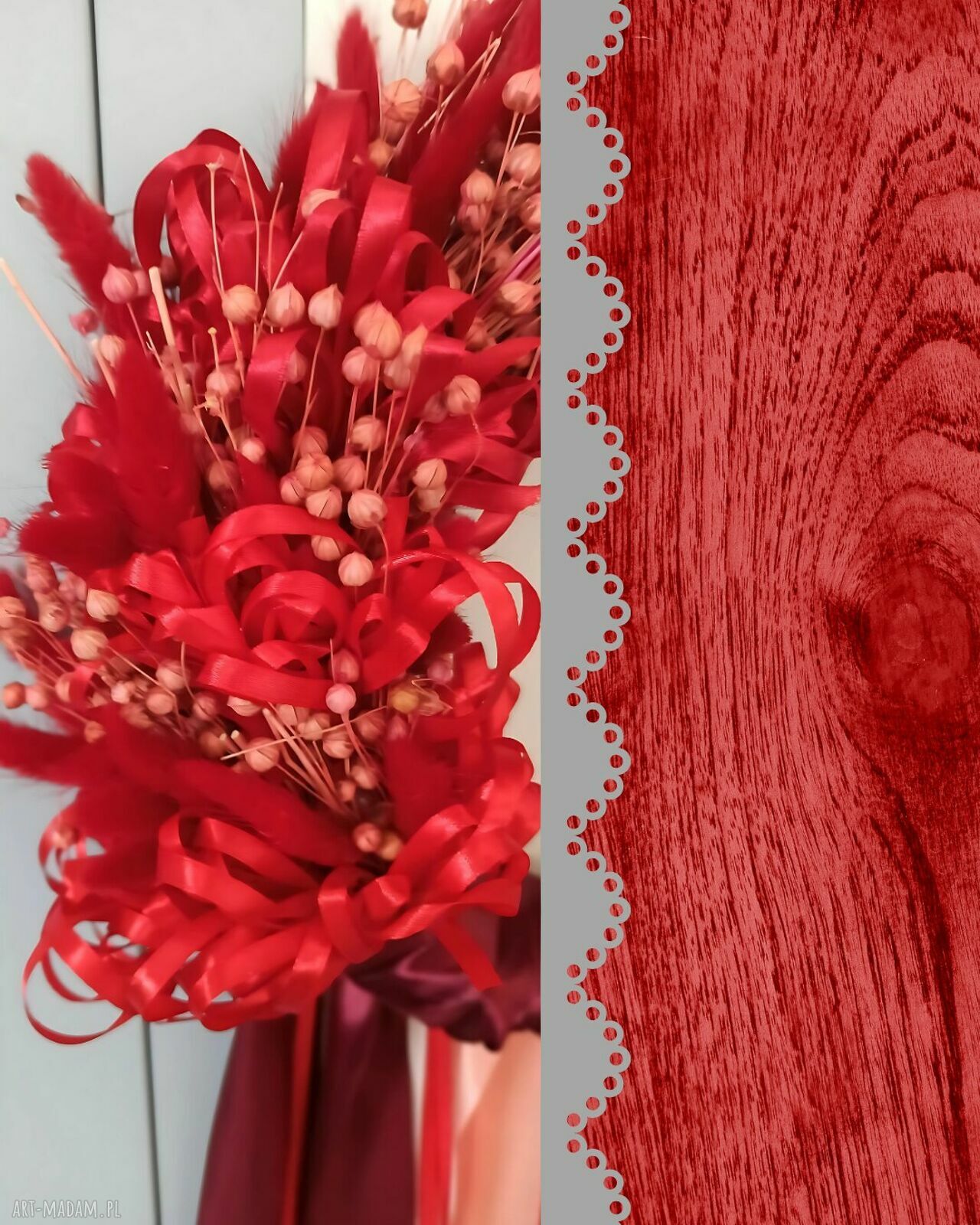 Wieniec jesienny 30 cm w czerwieni - lniany handmade do drzwi