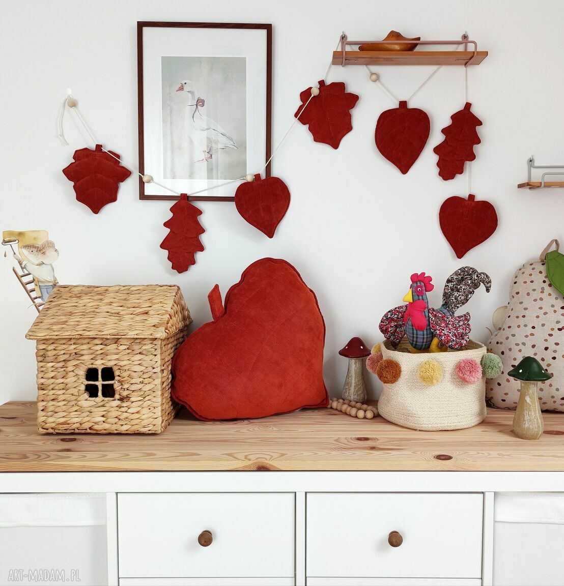 dekoracje: Jesienny zestaw ozdobny poduszka liść i girlanda hand made