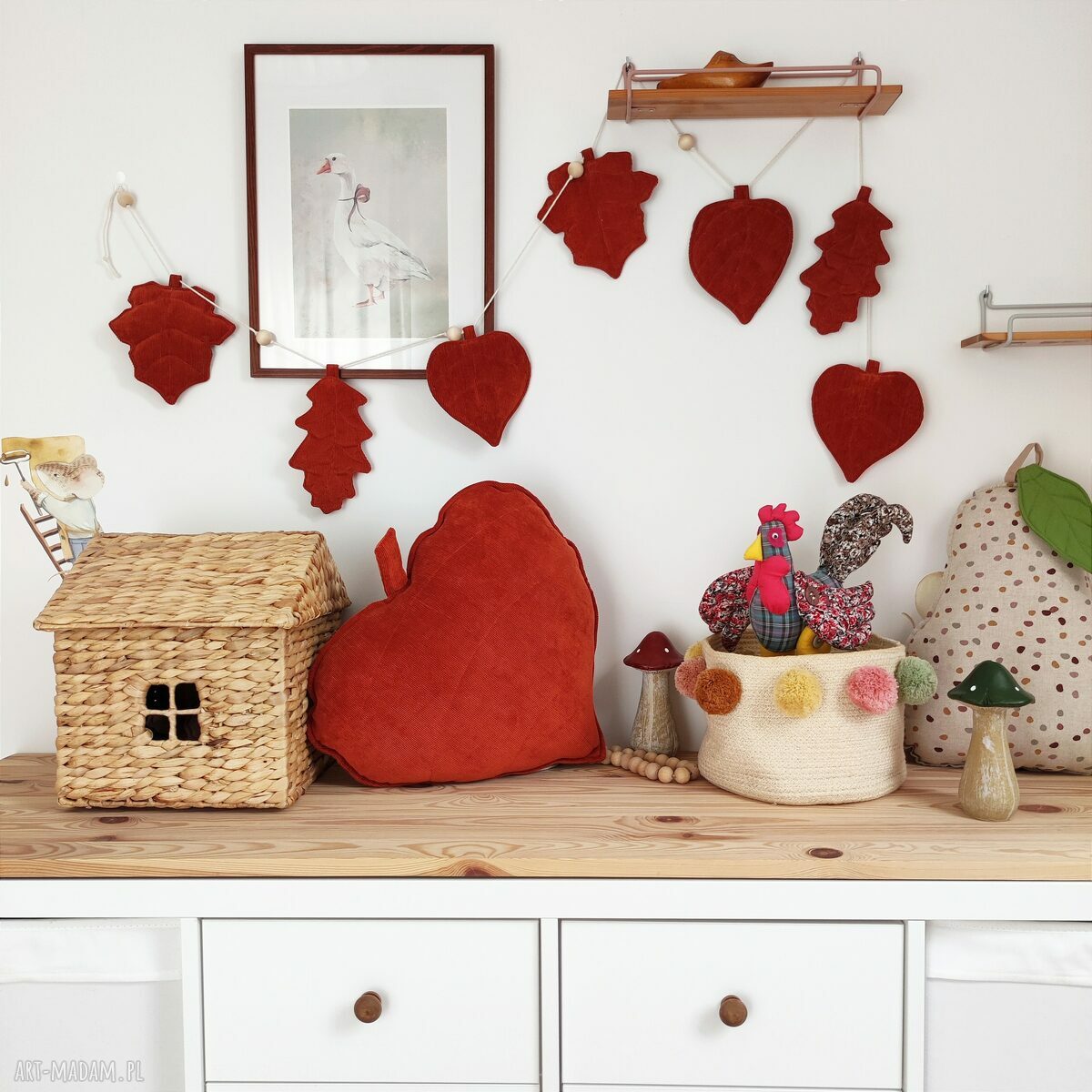 dekoracje: Jesienny zestaw ozdobny poduszka liść i girlanda hand made