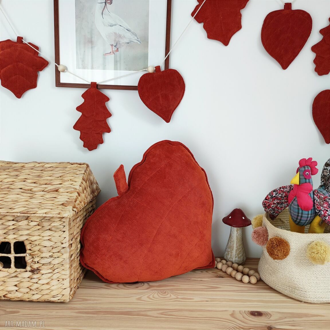 dekoracje: Jesienny zestaw ozdobny poduszka liść i girlanda hand made