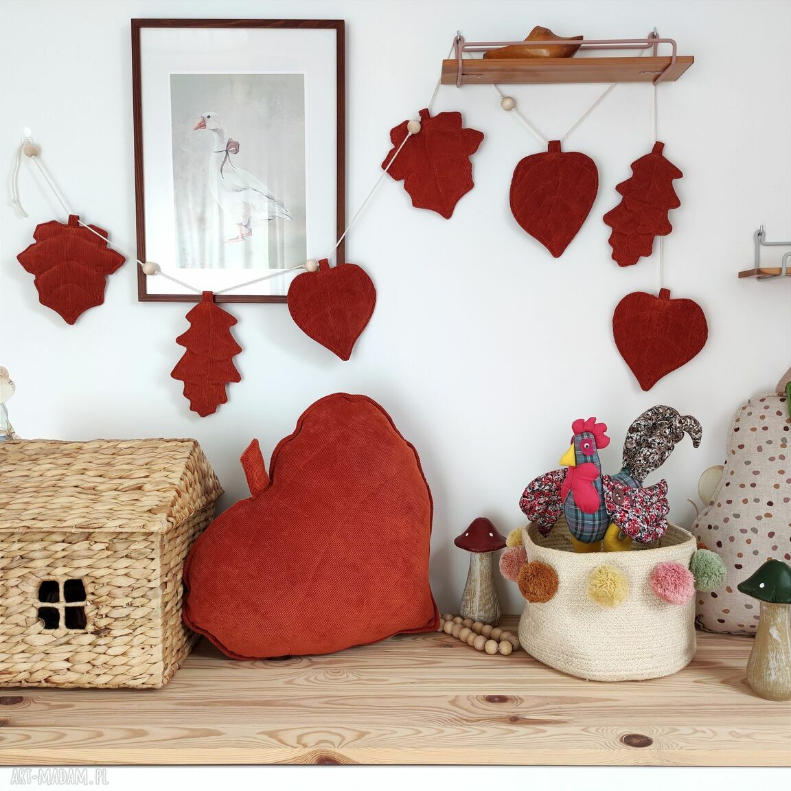 dekoracje: Jesienny zestaw ozdobny poduszka liść i girlanda hand made