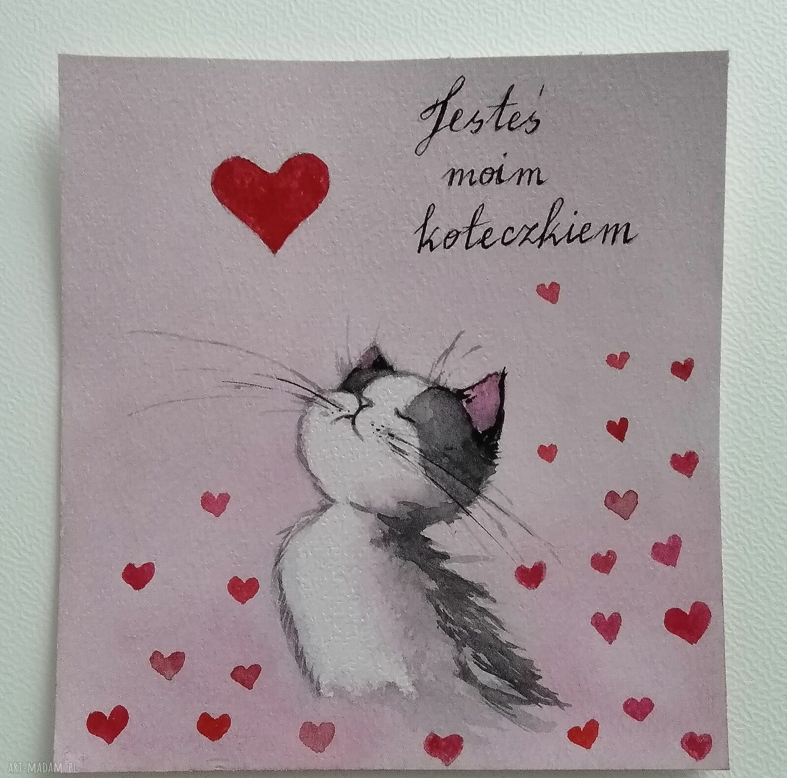 Walentynkowa kartka „Jesteś moim koteczkiem” - akwarela na papierze 300 g