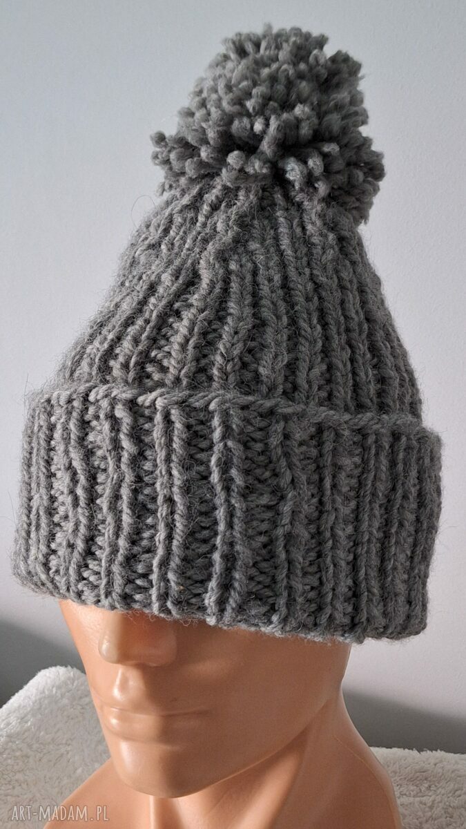 Szara czapka beanie handmade na drutach - wełna i alpaka
