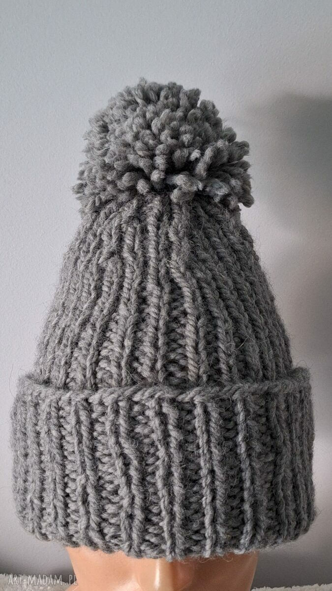 Szara czapka beanie handmade na drutach - wełna i alpaka