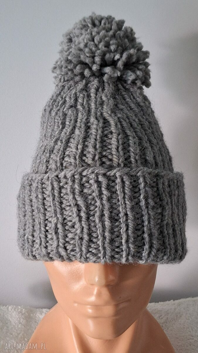 Szara czapka beanie handmade na drutach - wełna i alpaka