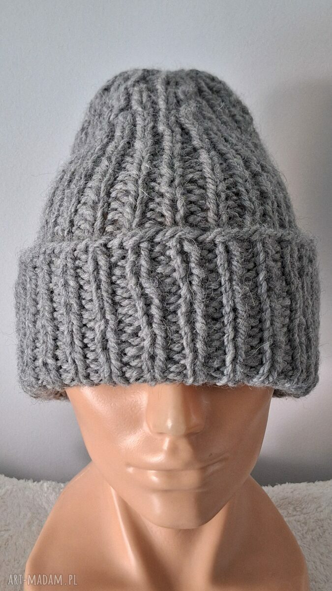 Szara czapka beanie handmade na drutach - wełna i alpaka