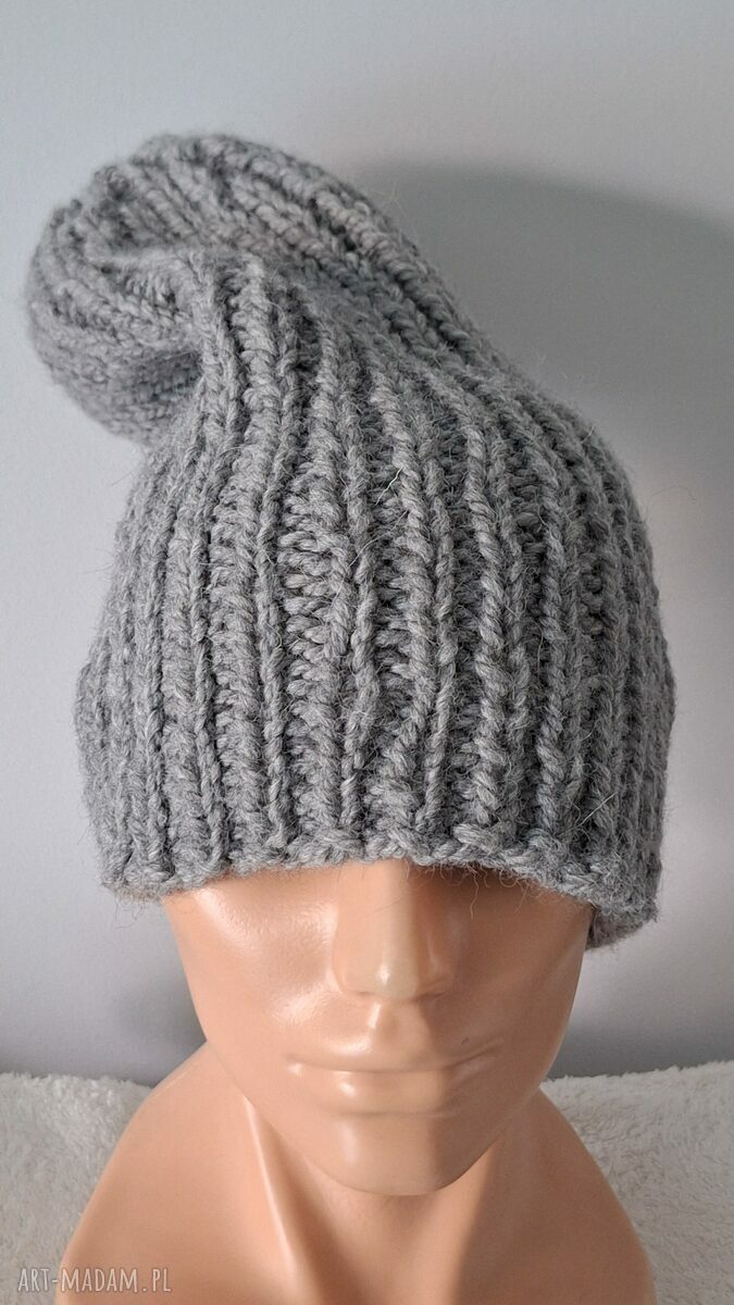 Szara czapka beanie handmade na drutach - wełna i alpaka