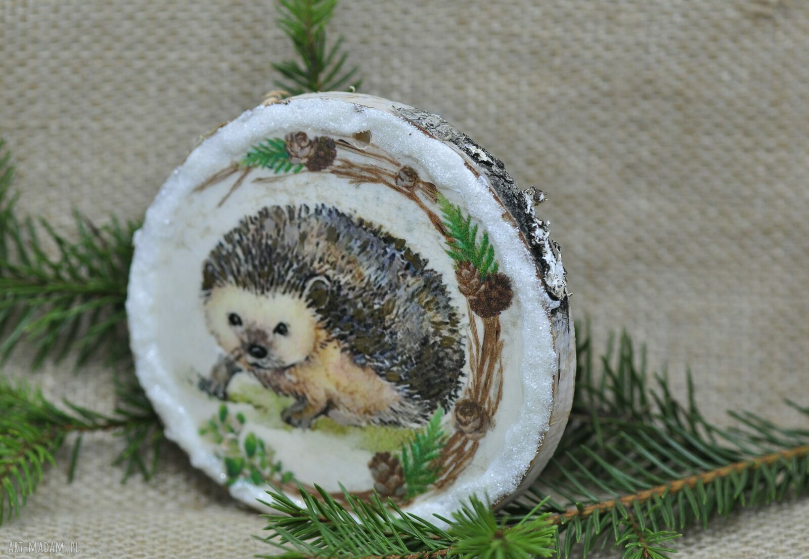 Bombka - Jeż / Jeżyk z plastra brzozy (decoupage)