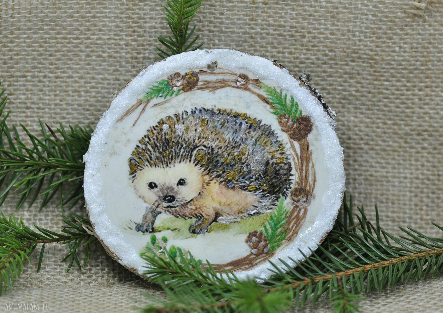 Bombka - Jeż / Jeżyk z plastra brzozy (decoupage)