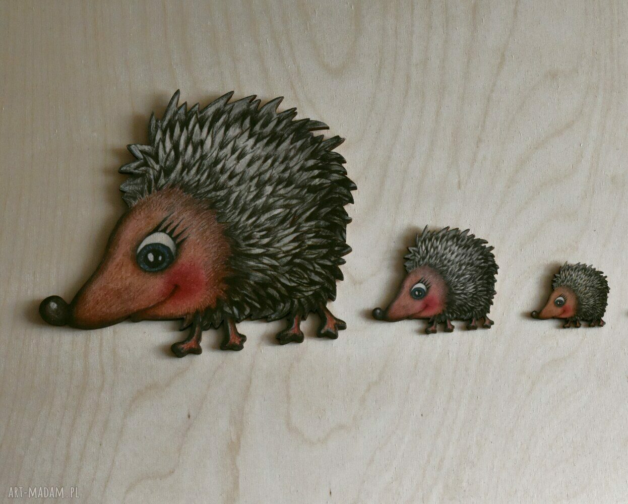 Jeżyki - komplet 3 magnesów na lodówkę ze sklejki - handmade