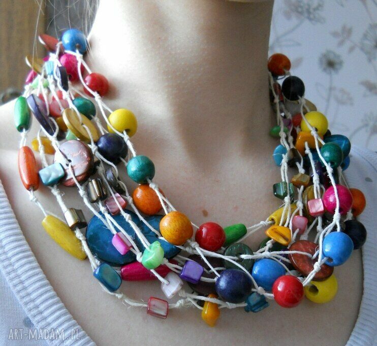 Naszyjnik handmade Muliticolor z lnu, drewna i masy perłowej