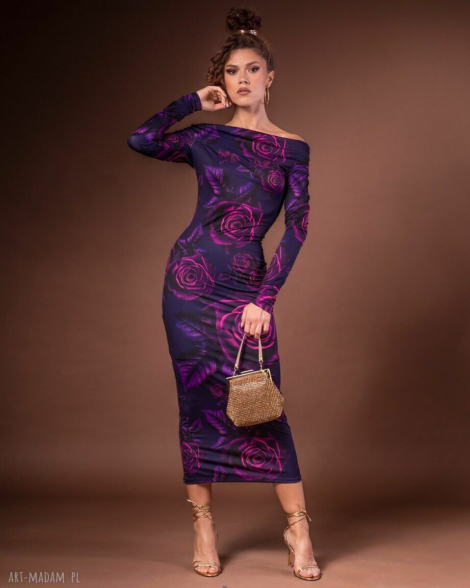 Julia magic rose - dopasowana sukienka elegancka, odsłaniająca ramiona