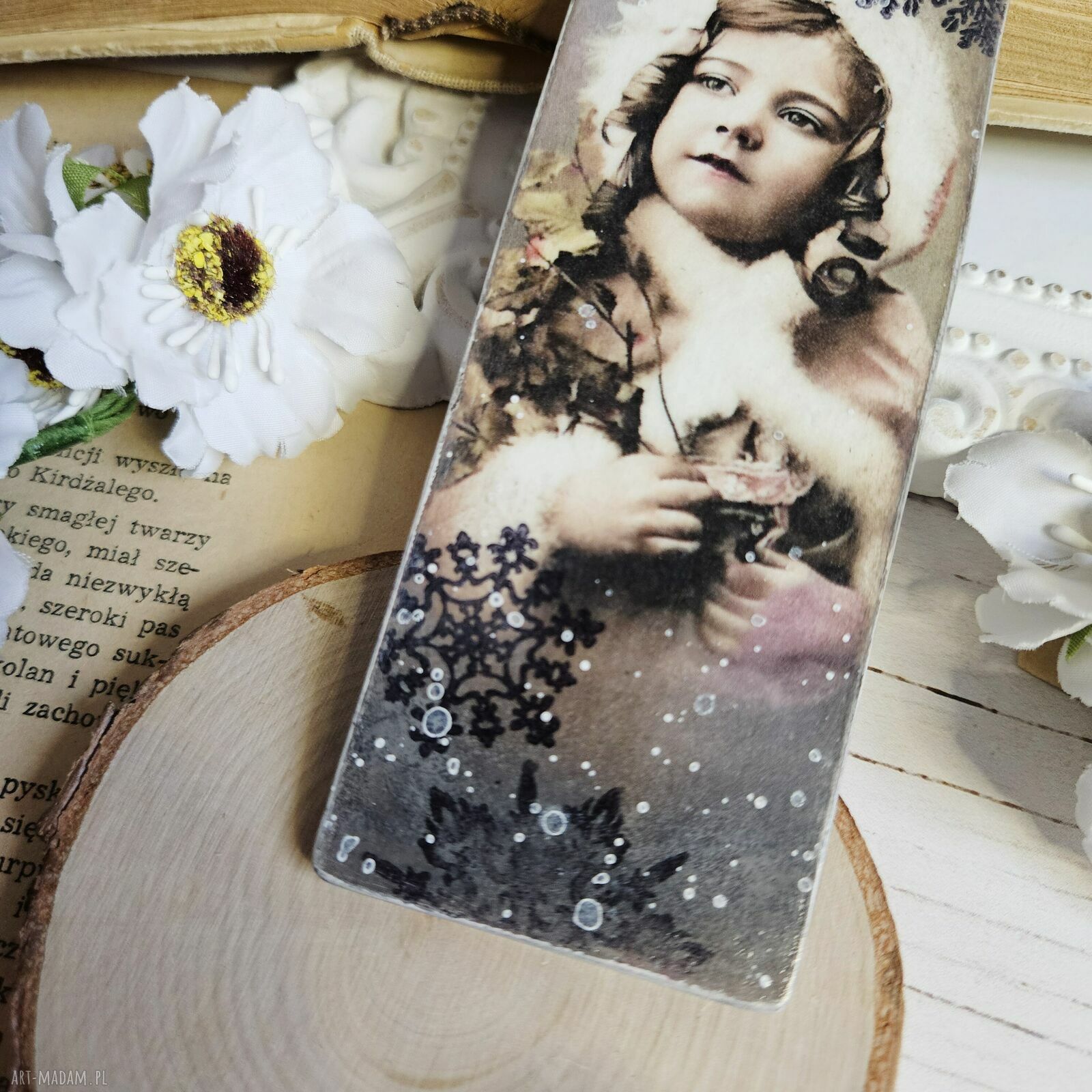 Zakładka świąteczna vintage - ręcznie robiona w technice decoupage (15 x 5 cm)