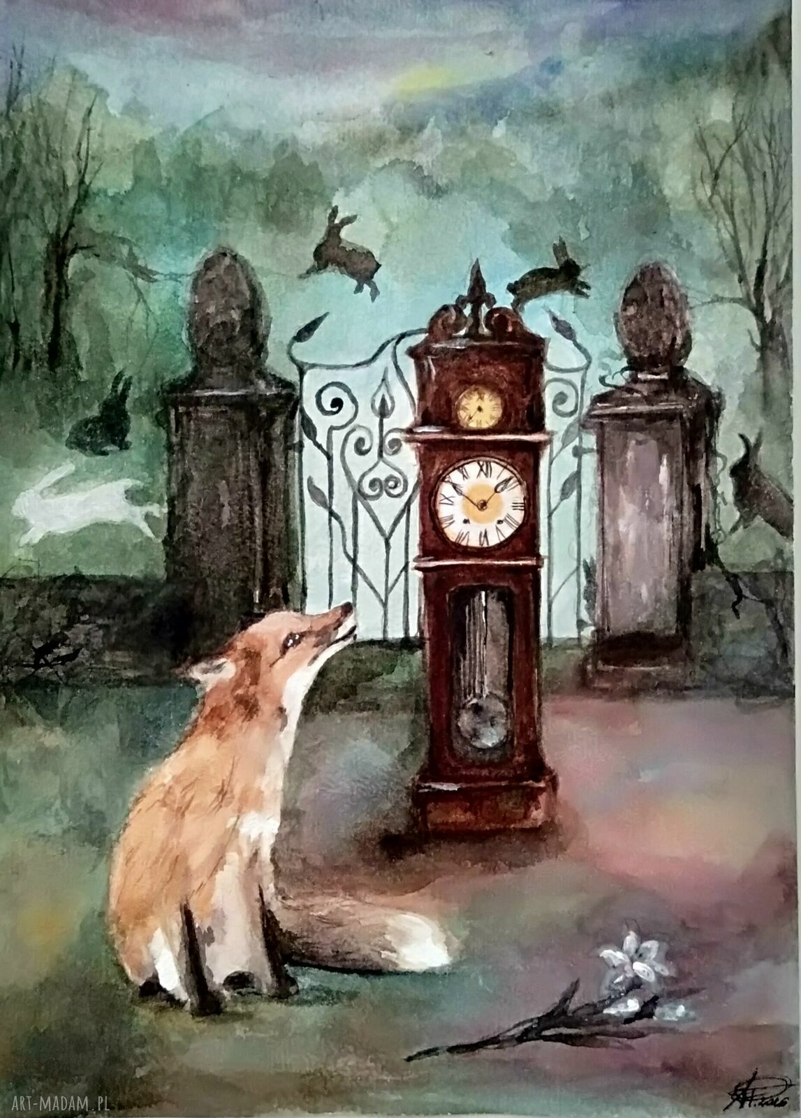 Już czas - bajkowa ilustracja z lisem akwarela A4