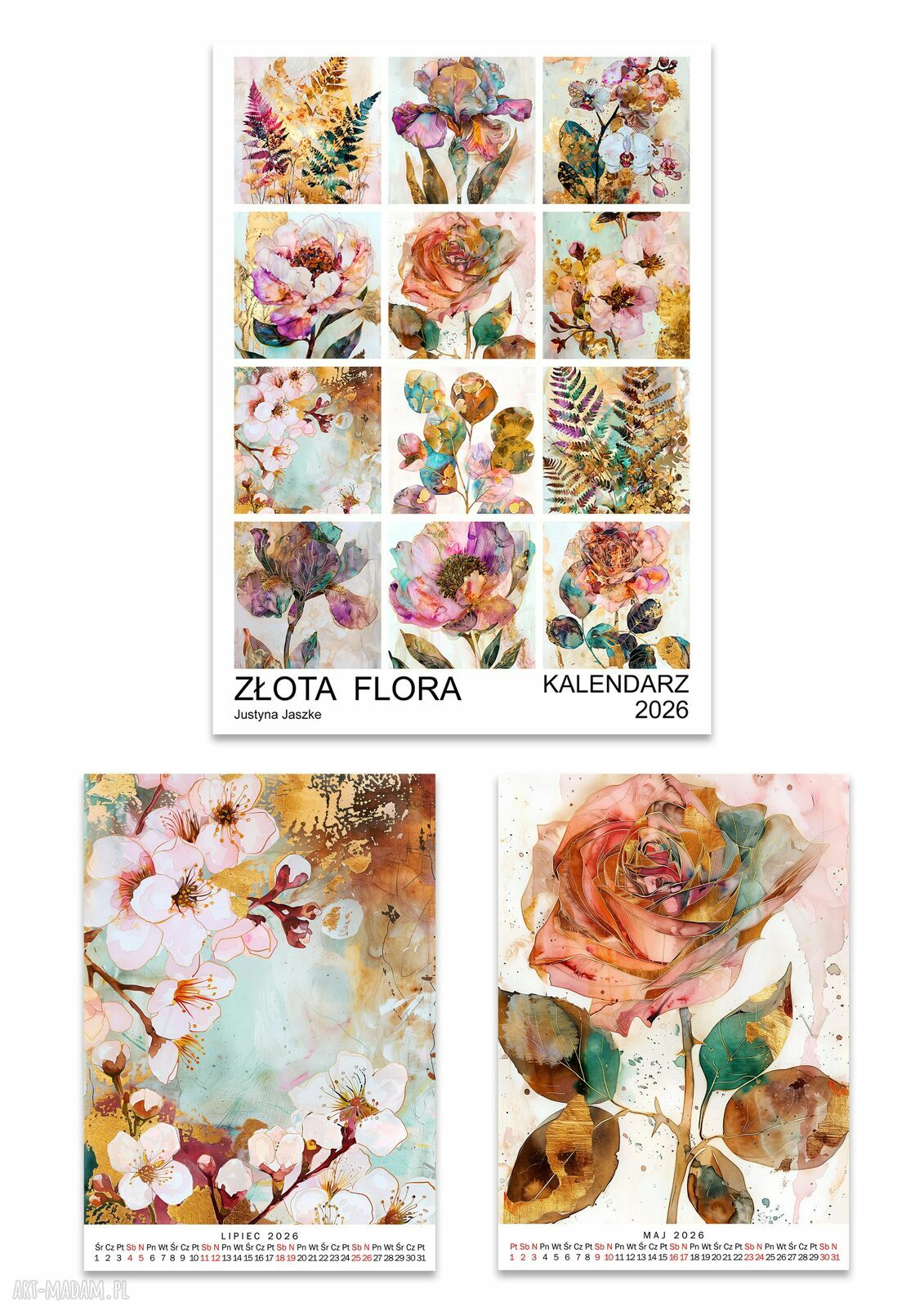 Kalendarz 2026 Złota Flora 15x21 cm - autorski prezent na Nowy Rok z roślinną grafiką