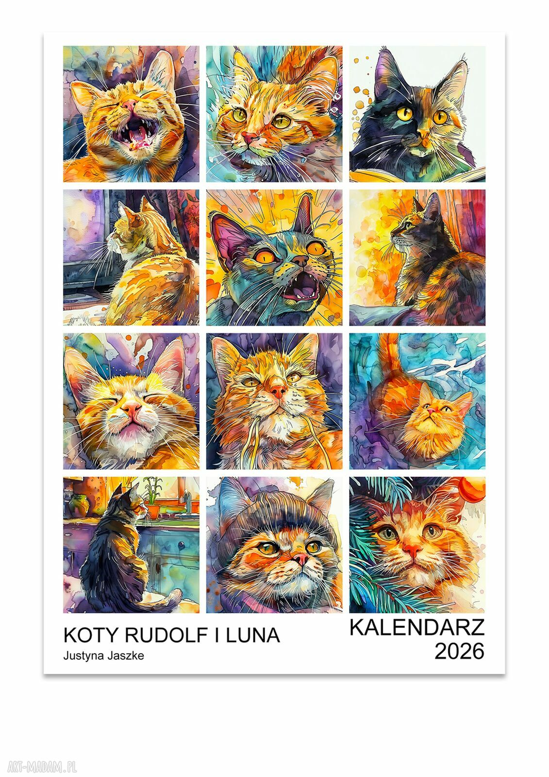 Kalendarz 2026 Koty Rudolf i Luna 15x21 cm - 12 luźnych grafik