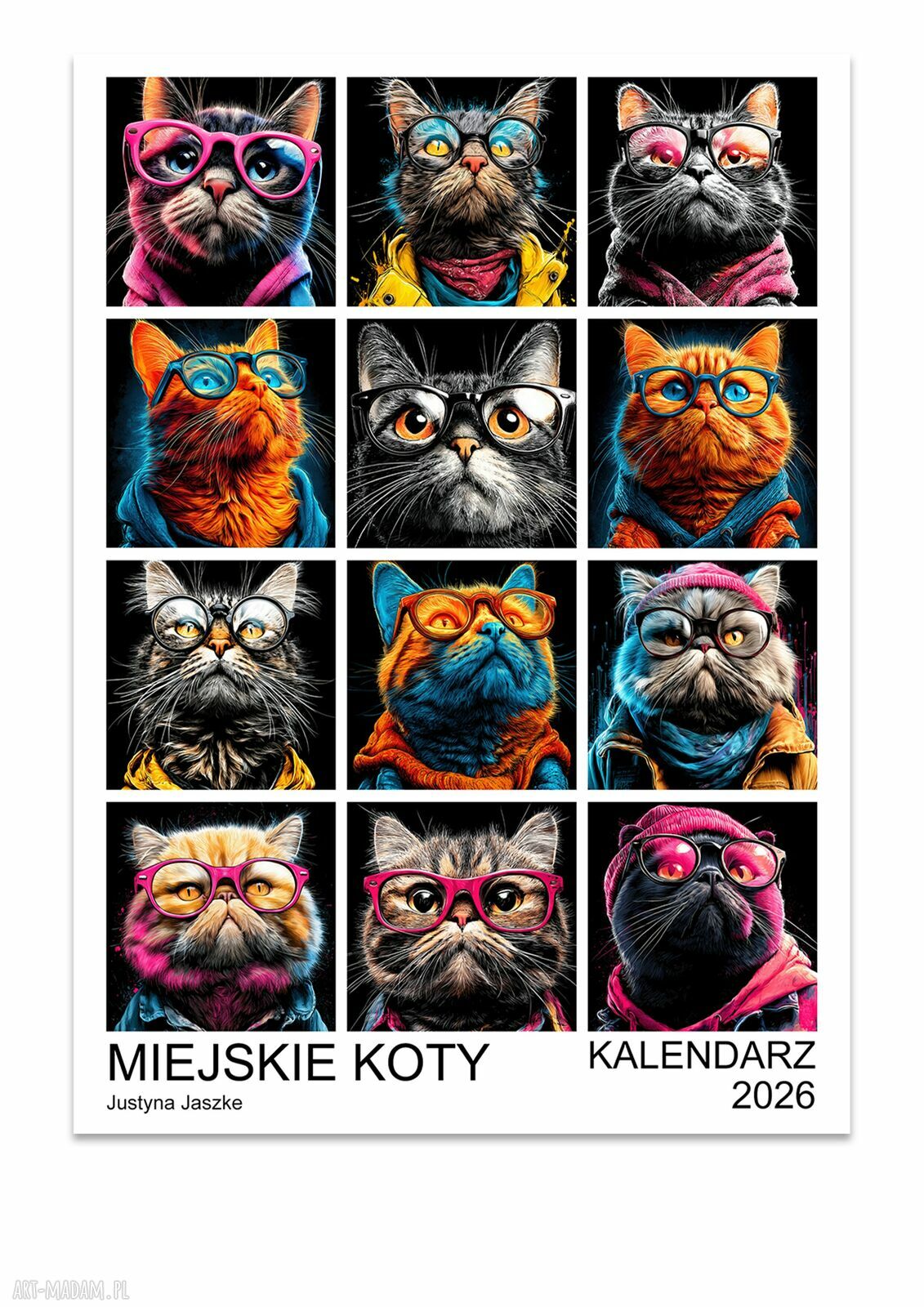Kalendarz 2026 Miejskie Koty 15x21 cm - autorski zestaw 12 grafik
